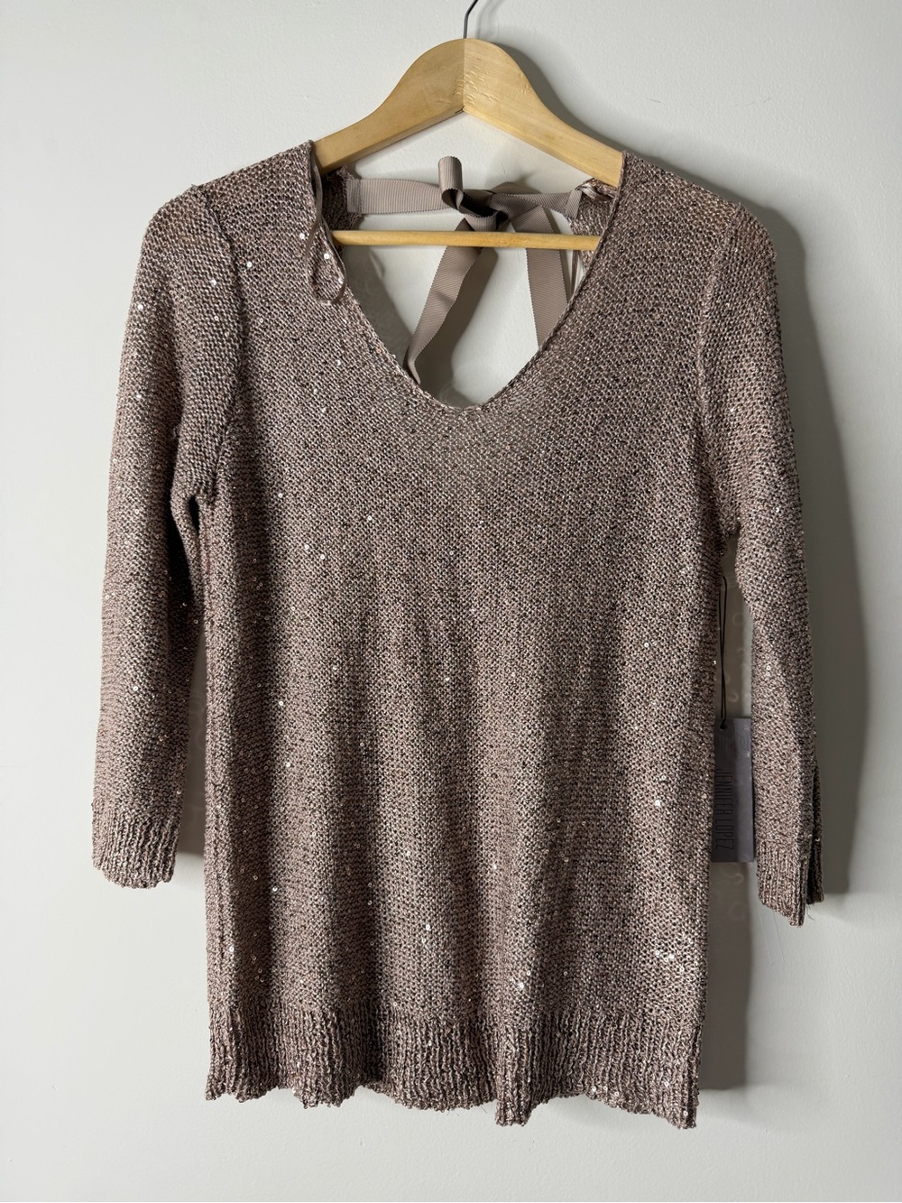 Jennifer Lopez Long Sleeve Sequin Knit V-Neck Dress in Taupe